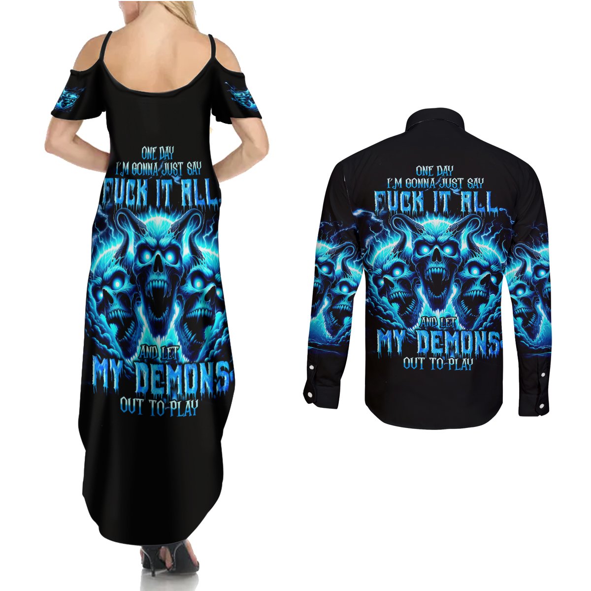 Demon Skull Couples Matching Summer Maxi Dress and Long Sleeve Button Shirt One Day I Gonna Say Fuck It All - Wonder Print Shop