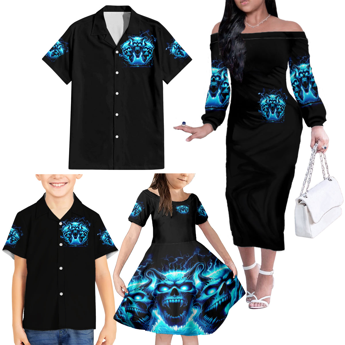 Demon Skull Family Matching Off Shoulder Long Sleeve Dress and Hawaiian Shirt One Day I Gonna Say Fuck It All - Wonder Print Shop
