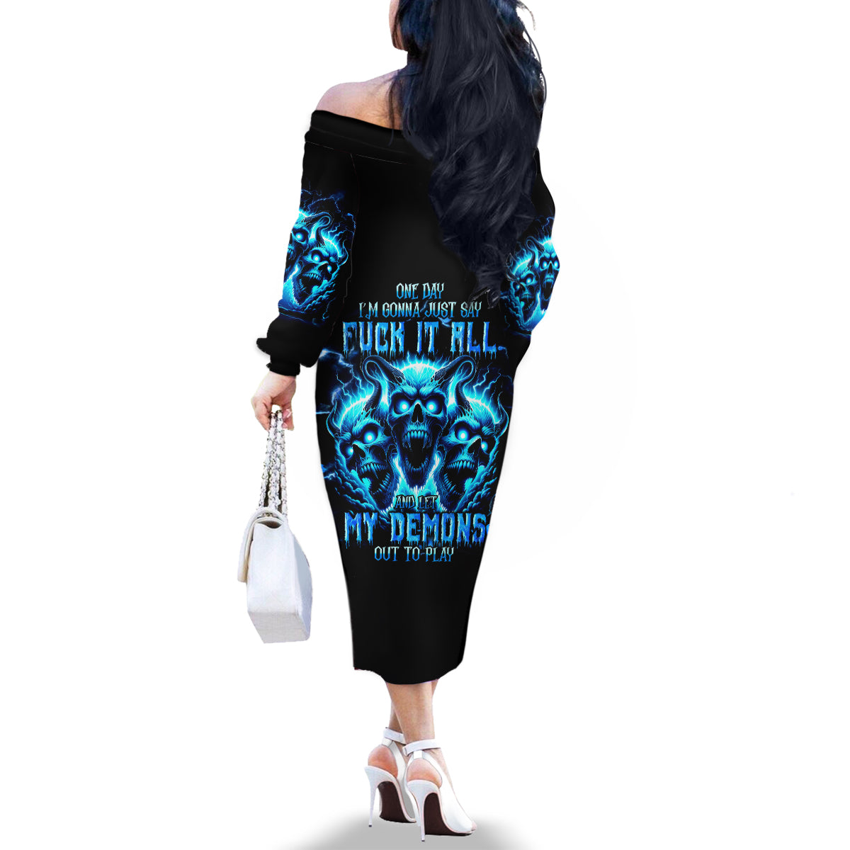 Demon Skull Family Matching Off Shoulder Long Sleeve Dress and Hawaiian Shirt One Day I Gonna Say Fuck It All - Wonder Print Shop