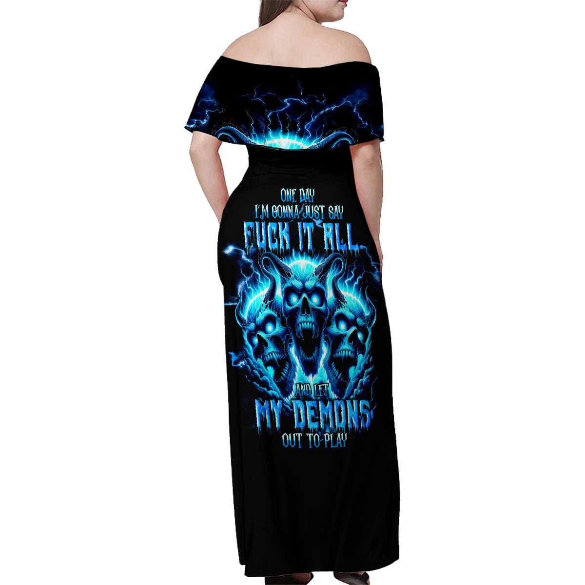 Demon Skull Family Matching Off Shoulder Maxi Dress and Hawaiian Shirt One Day I Gonna Say Fuck It All - Wonder Print Shop