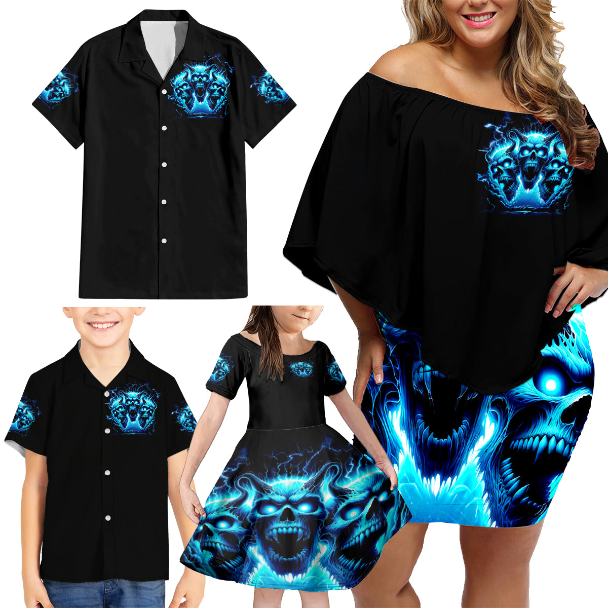 Demon Skull Family Matching Off Shoulder Short Dress and Hawaiian Shirt One Day I Gonna Say Fuck It All - Wonder Print Shop