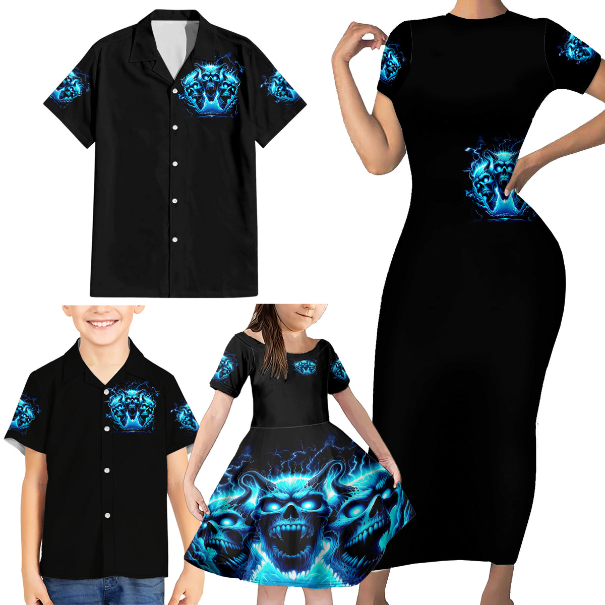 Demon Skull Family Matching Short Sleeve Bodycon Dress and Hawaiian Shirt One Day I Gonna Say Fuck It All - Wonder Print Shop