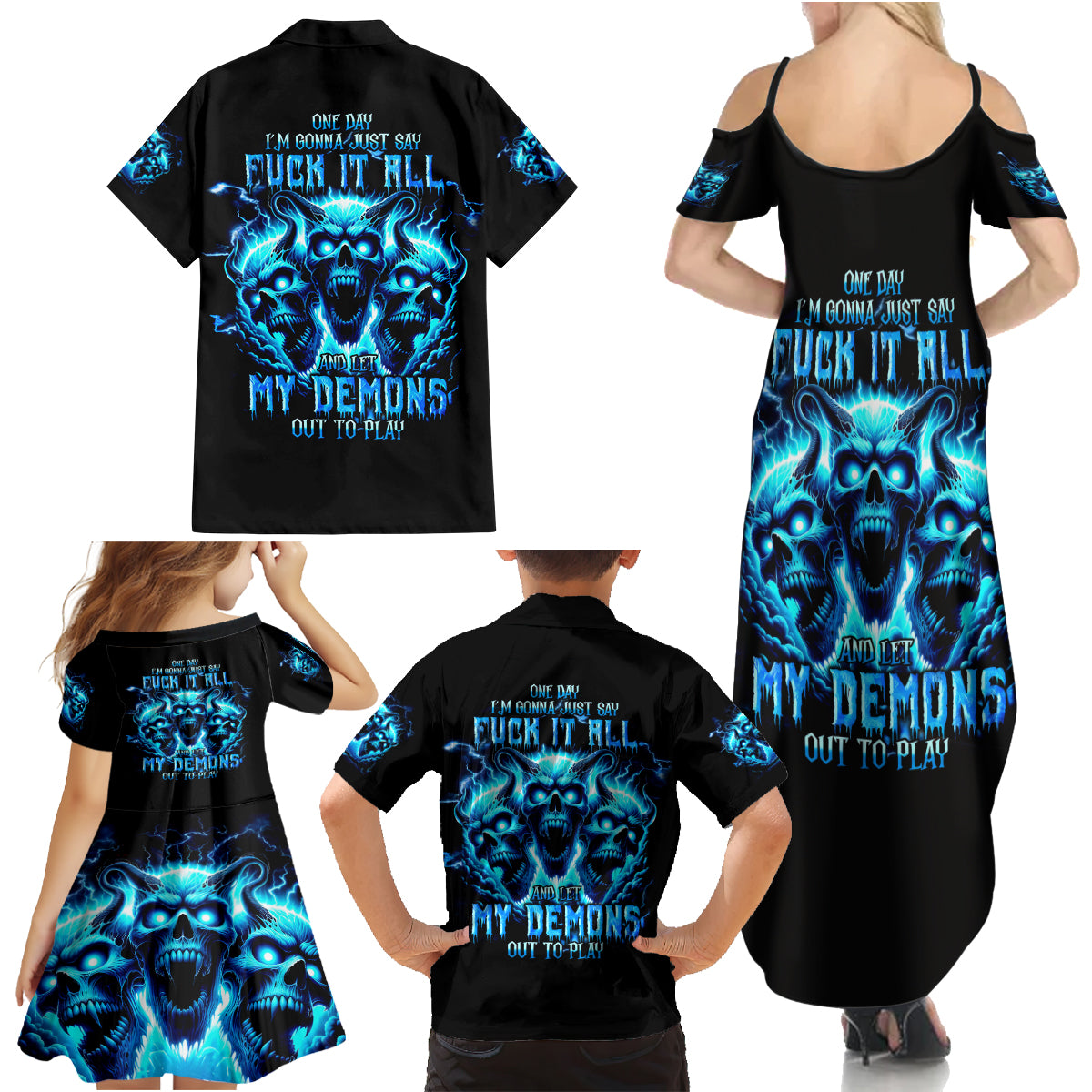 Demon Skull Family Matching Summer Maxi Dress and Hawaiian Shirt One Day I Gonna Say Fuck It All - Wonder Print Shop
