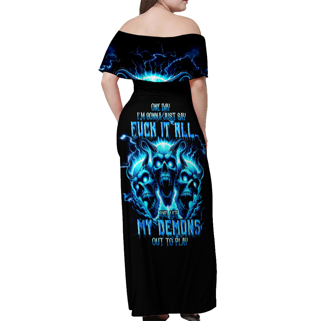 Demon Skull Off Shoulder Maxi Dress One Day I Gonna Say Fuck It All - Wonder Print Shop