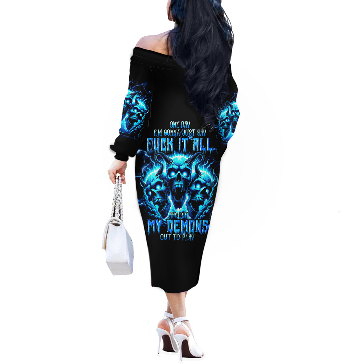 Demon Skull Off The Shoulder Long Sleeve Dress One Day I Gonna Say Fuck It All - Wonder Print Shop