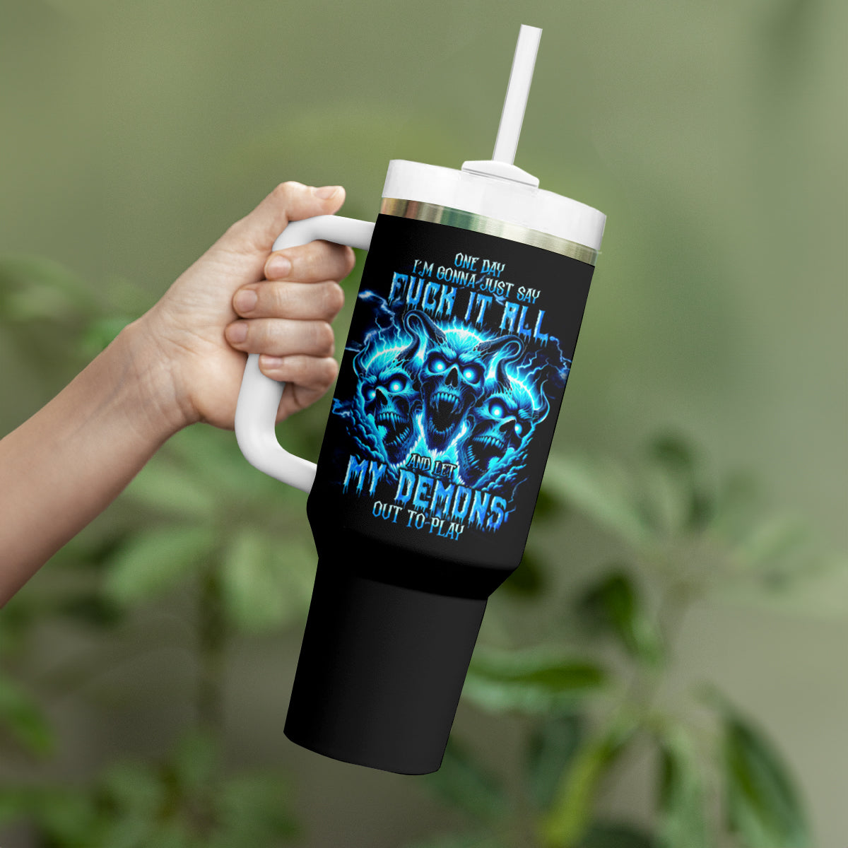 Demon Skull Tumbler With Handle One Day I Gonna Say Fuck It All - Wonder Print Shop