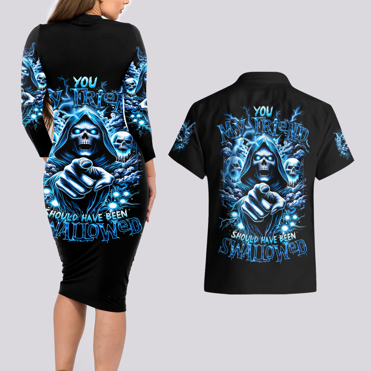 Thunder Skull Couples Matching Long Sleeve Bodycon Dress and Hawaiian Shirt You My Friend Should Have Been Swallowed - Wonder Print Shop