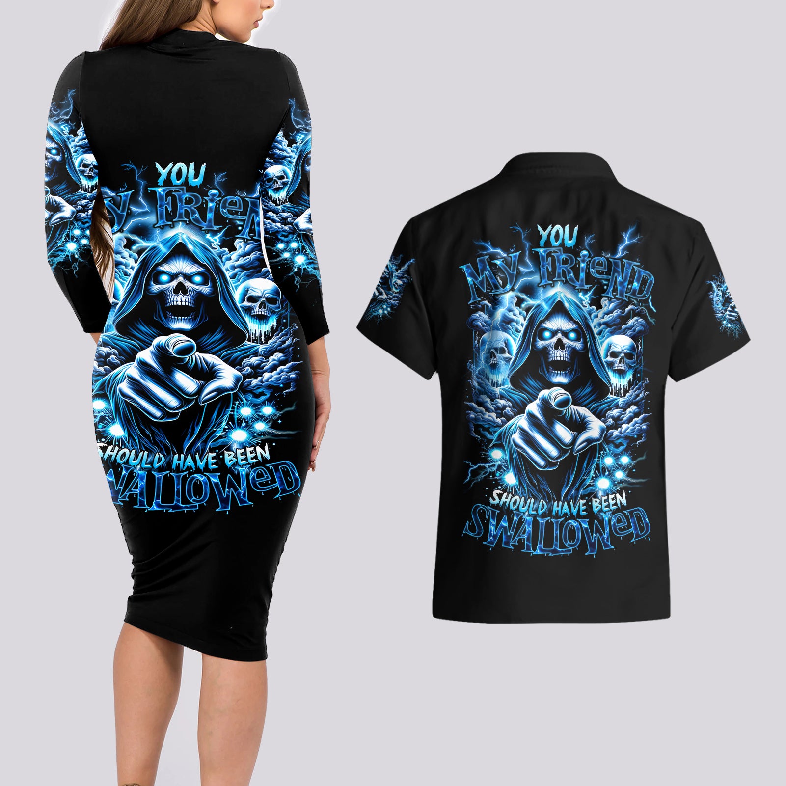 Thunder Skull Couples Matching Long Sleeve Bodycon Dress and Hawaiian Shirt You My Friend Should Have Been Swallowed - Wonder Print Shop