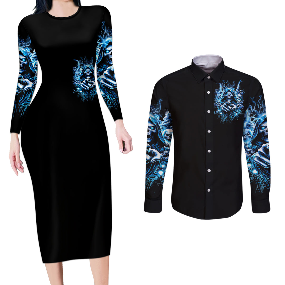 Thunder Skull Couples Matching Long Sleeve Bodycon Dress and Long Sleeve Button Shirt You My Friend Should Have Been Swallowed - Wonder Print Shop