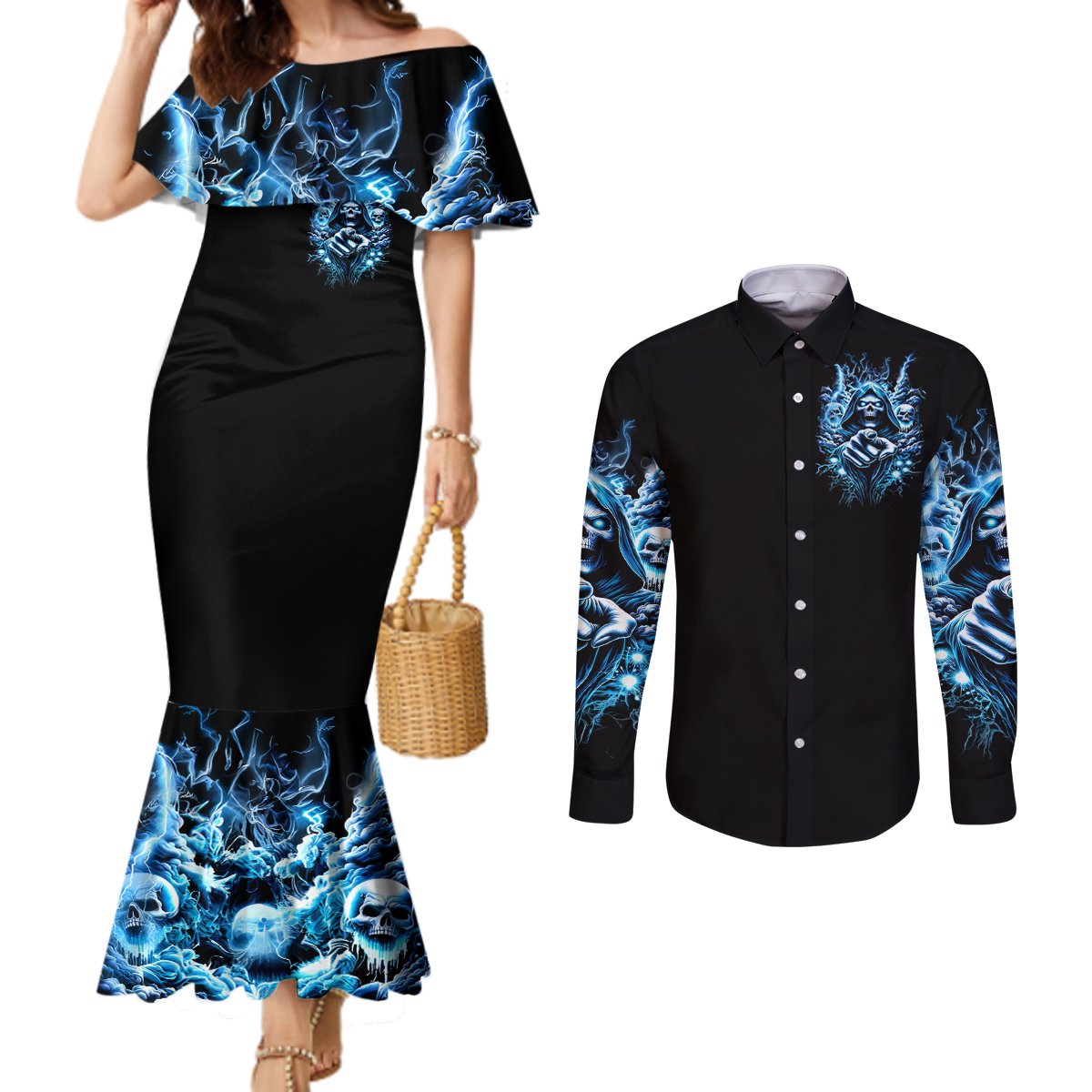 thunder-skull-couples-matching-mermaid-dress-and-long-sleeve-button-shirt-you-my-friend-should-have-been-swallowed