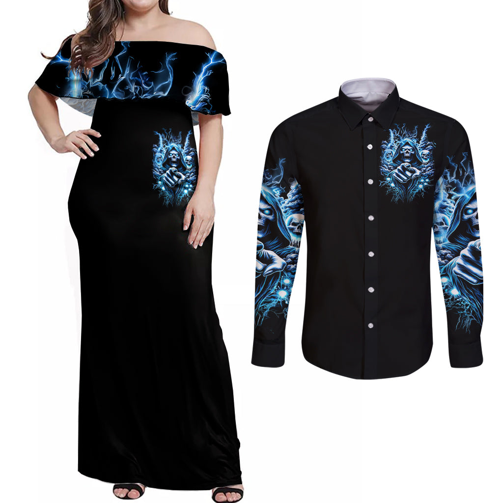 Thunder Skull Couples Matching Off Shoulder Maxi Dress and Long Sleeve Button Shirt You My Friend Should Have Been Swallowed - Wonder Print Shop