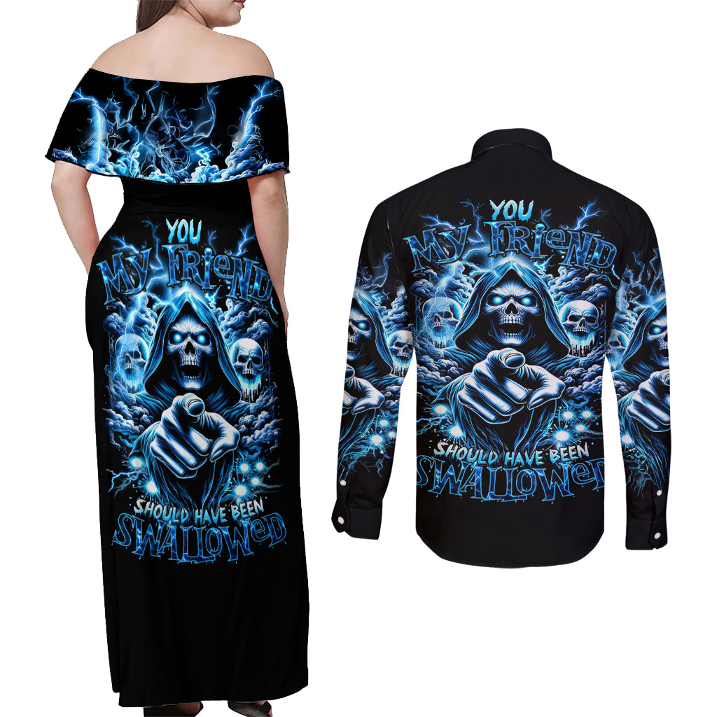 Thunder Skull Couples Matching Off Shoulder Maxi Dress and Long Sleeve Button Shirt You My Friend Should Have Been Swallowed - Wonder Print Shop