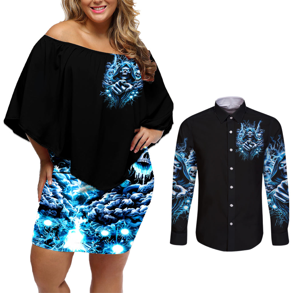 Thunder Skull Couples Matching Off Shoulder Short Dress and Long Sleeve Button Shirt You My Friend Should Have Been Swallowed - Wonder Print Shop