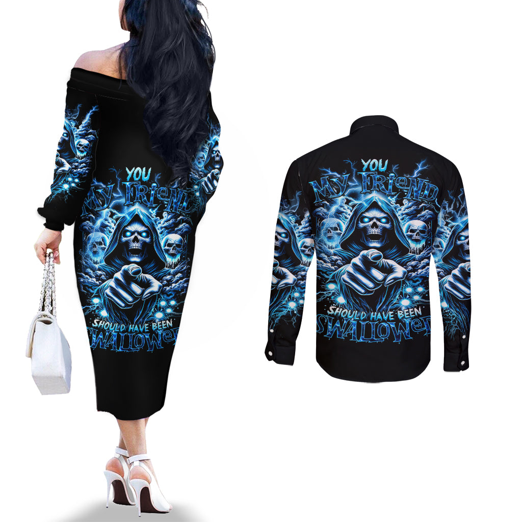thunder-skull-couples-matching-off-the-shoulder-long-sleeve-dress-and-long-sleeve-button-shirt-you-my-friend-should-have-been-swallowed