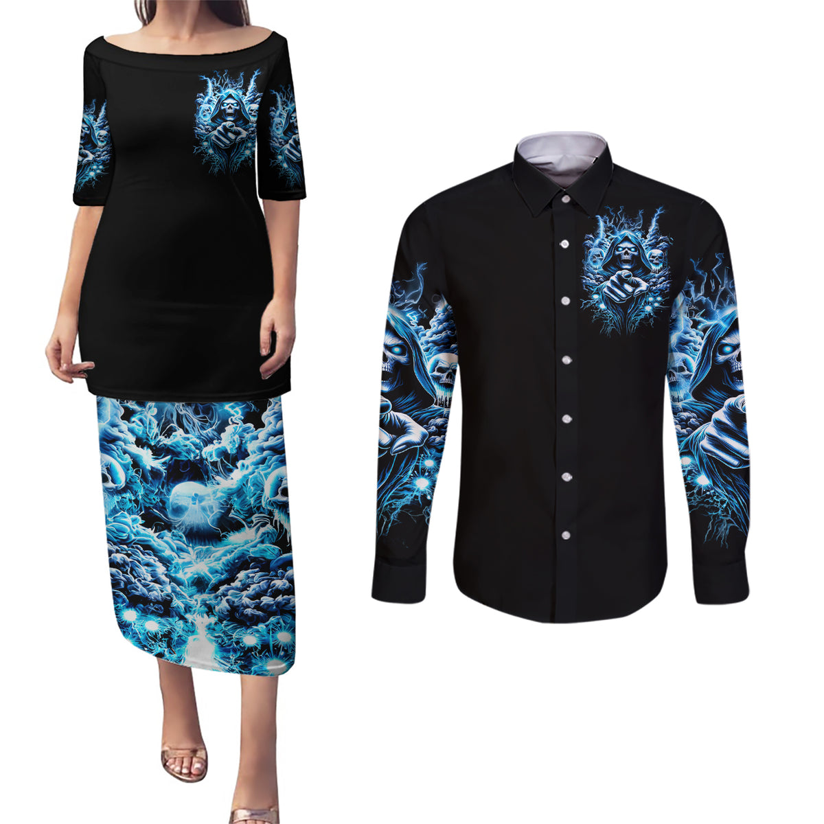 Thunder Skull Couples Matching Puletasi Dress and Long Sleeve Button Shirt You My Friend Should Have Been Swallowed - Wonder Print Shop