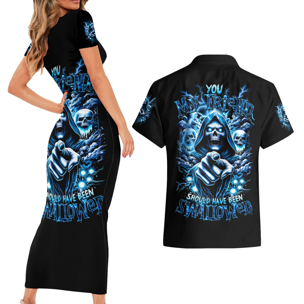 Thunder Skull Couples Matching Short Sleeve Bodycon Dress and Hawaiian Shirt You My Friend Should Have Been Swallowed - Wonder Print Shop