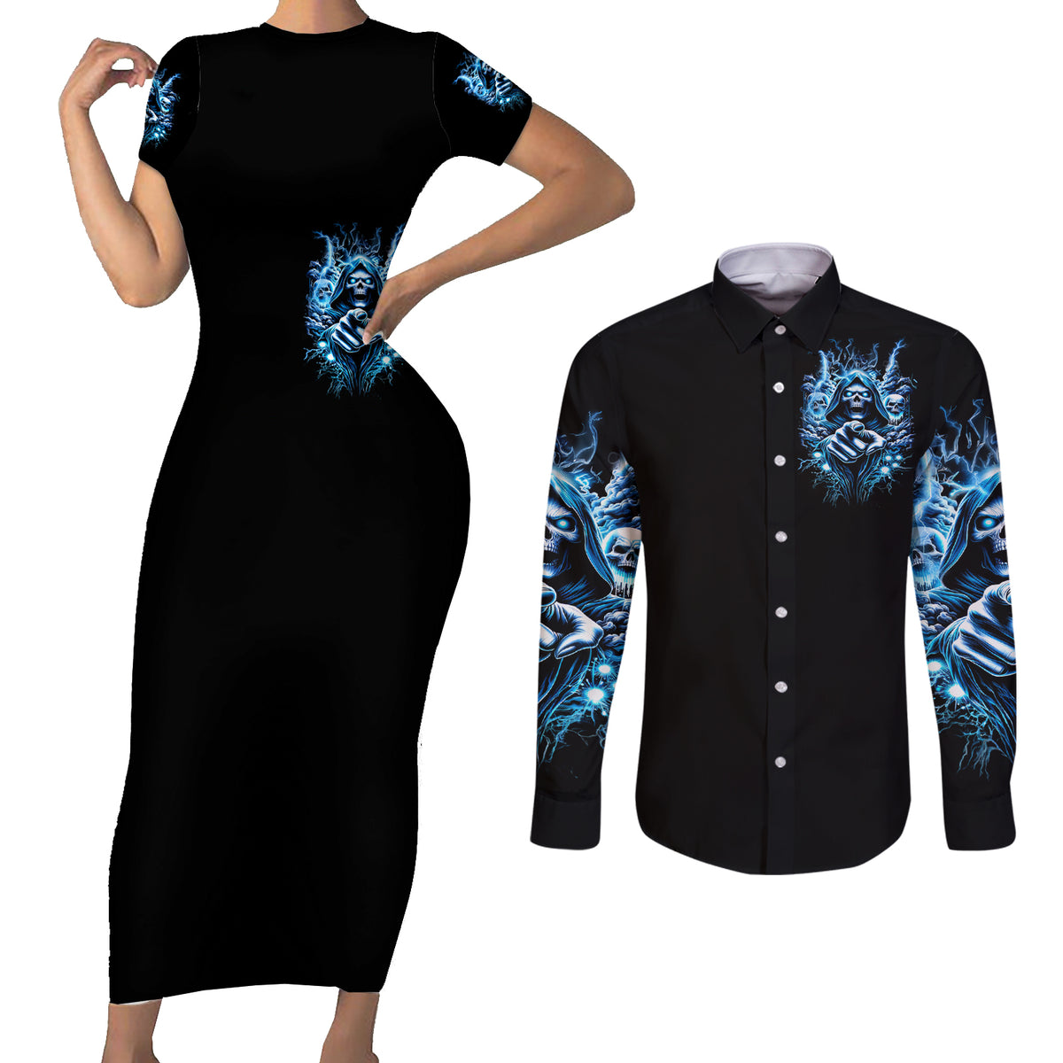 Thunder Skull Couples Matching Short Sleeve Bodycon Dress and Long Sleeve Button Shirt You My Friend Should Have Been Swallowed - Wonder Print Shop