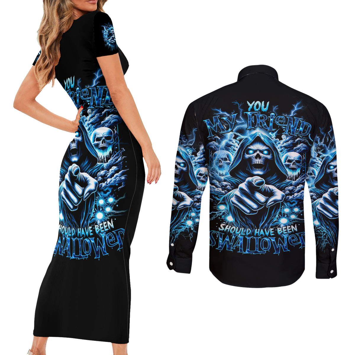 Thunder Skull Couples Matching Short Sleeve Bodycon Dress and Long Sleeve Button Shirt You My Friend Should Have Been Swallowed - Wonder Print Shop
