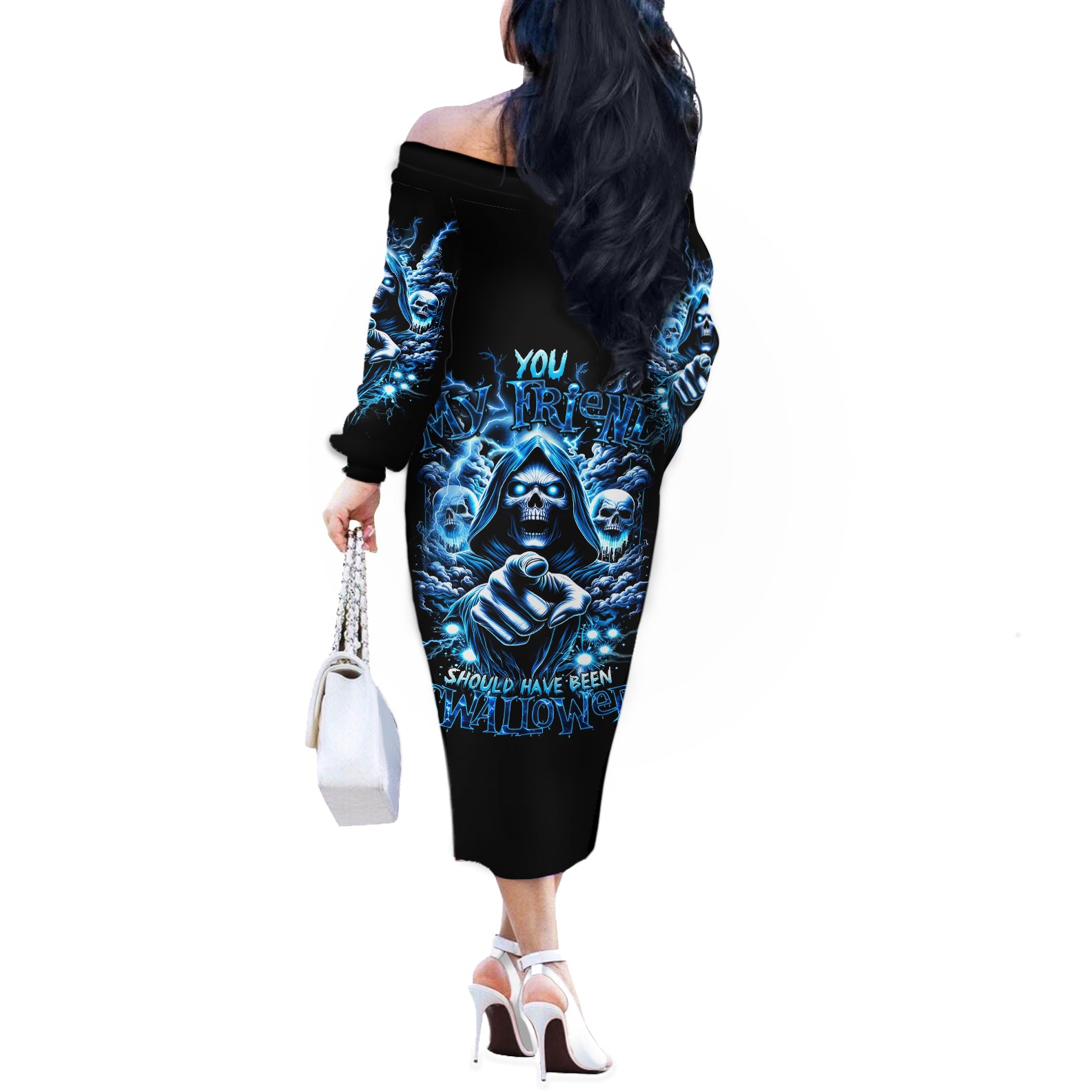 Thunder Skull Off The Shoulder Long Sleeve Dress You My Friend Should Have Been Swallowed - Wonder Print Shop