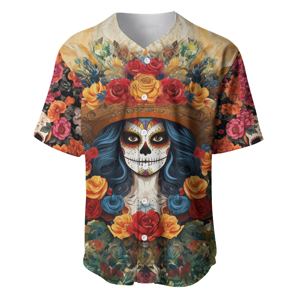 Day of Dead Lady Baseball Jersey Sugar Skull Field Rose Lady - Wonder Print Shop