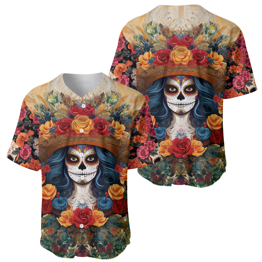 Day of Dead Lady Baseball Jersey Sugar Skull Field Rose Lady - Wonder Print Shop