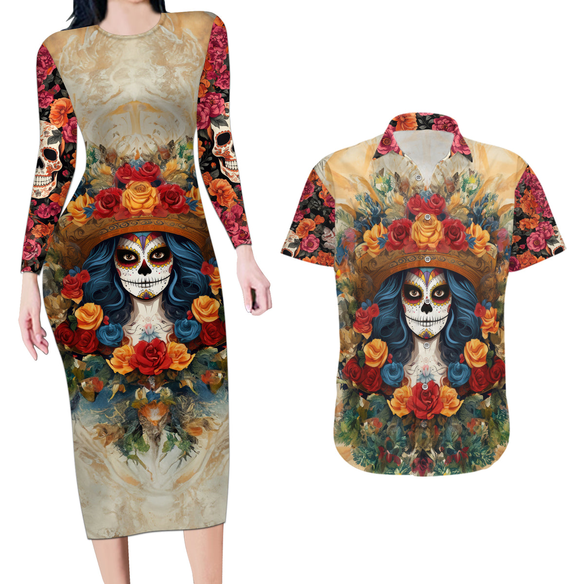 Day of Dead Lady Couples Matching Long Sleeve Bodycon Dress and Hawaiian Shirt Sugar Skull Field Rose Lady - Wonder Print Shop