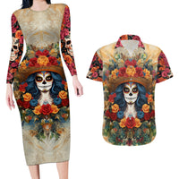 Day of Dead Lady Couples Matching Long Sleeve Bodycon Dress and Hawaiian Shirt Sugar Skull Field Rose Lady - Wonder Print Shop