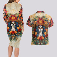 Day of Dead Lady Couples Matching Long Sleeve Bodycon Dress and Hawaiian Shirt Sugar Skull Field Rose Lady - Wonder Print Shop