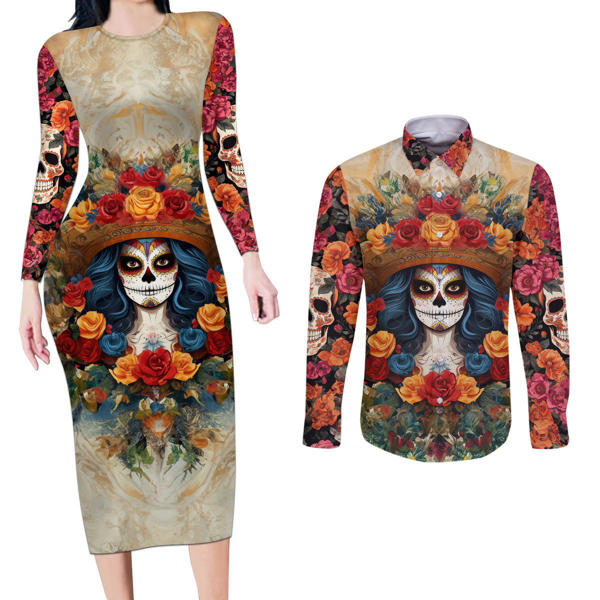 Day of Dead Lady Couples Matching Long Sleeve Bodycon Dress and Long Sleeve Button Shirt Sugar Skull Field Rose Lady - Wonder Print Shop
