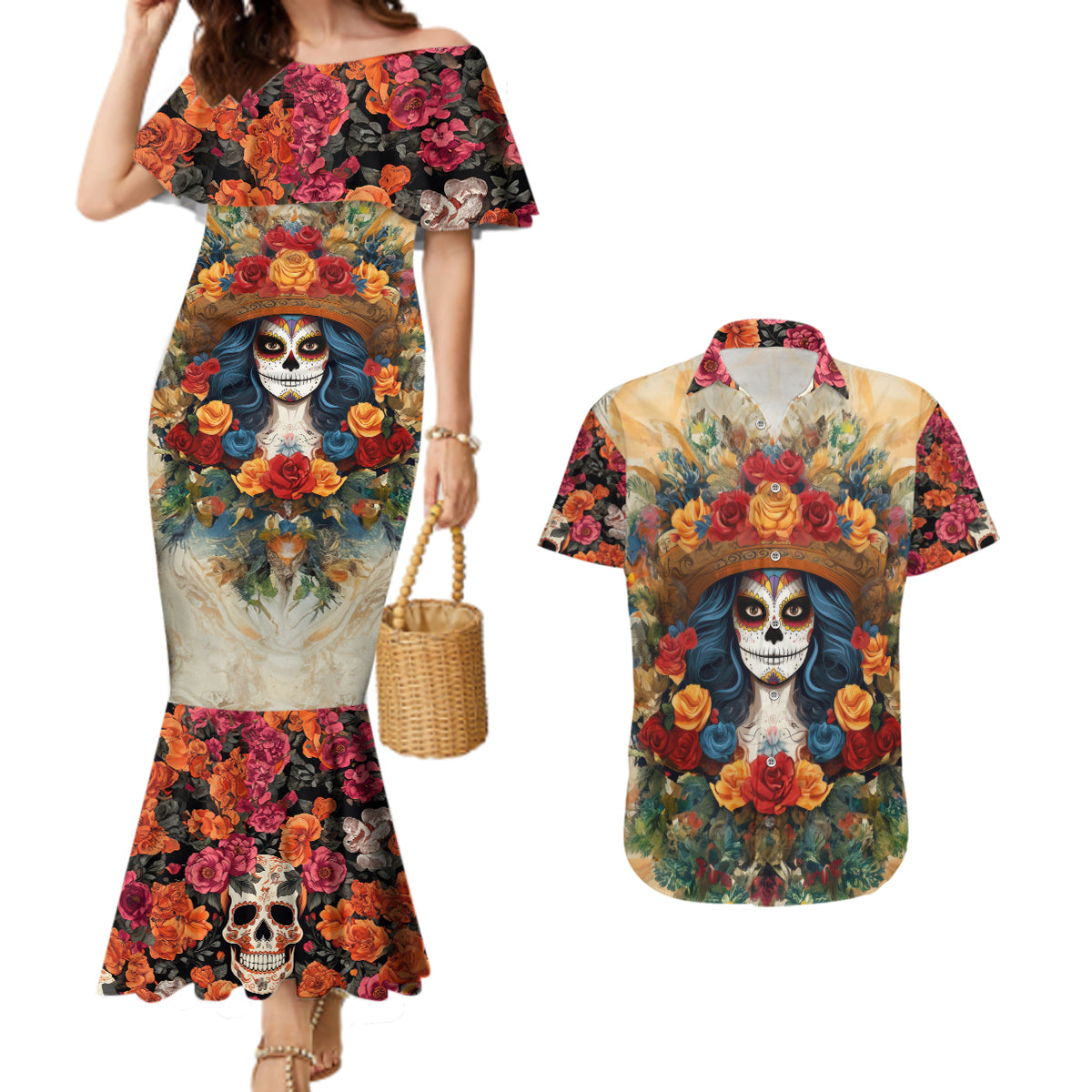 Day of Dead Lady Couples Matching Mermaid Dress and Hawaiian Shirt Sugar Skull Field Rose Lady - Wonder Print Shop