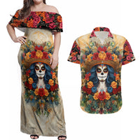 Day of Dead Lady Couples Matching Off Shoulder Maxi Dress and Hawaiian Shirt Sugar Skull Field Rose Lady - Wonder Print Shop