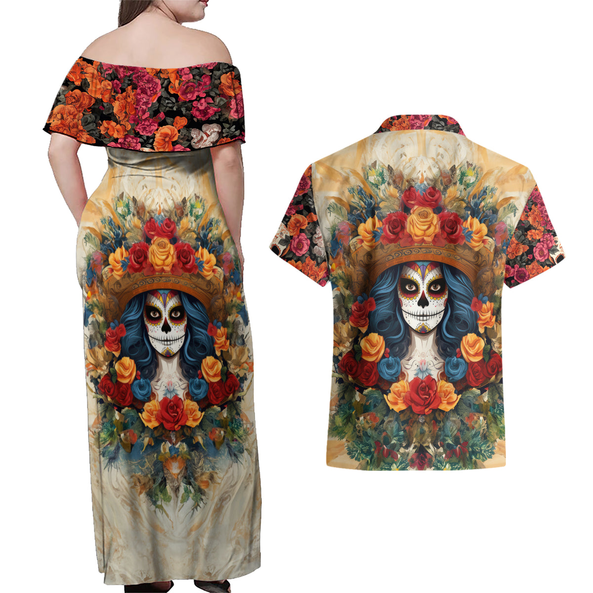 Day of Dead Lady Couples Matching Off Shoulder Maxi Dress and Hawaiian Shirt Sugar Skull Field Rose Lady - Wonder Print Shop