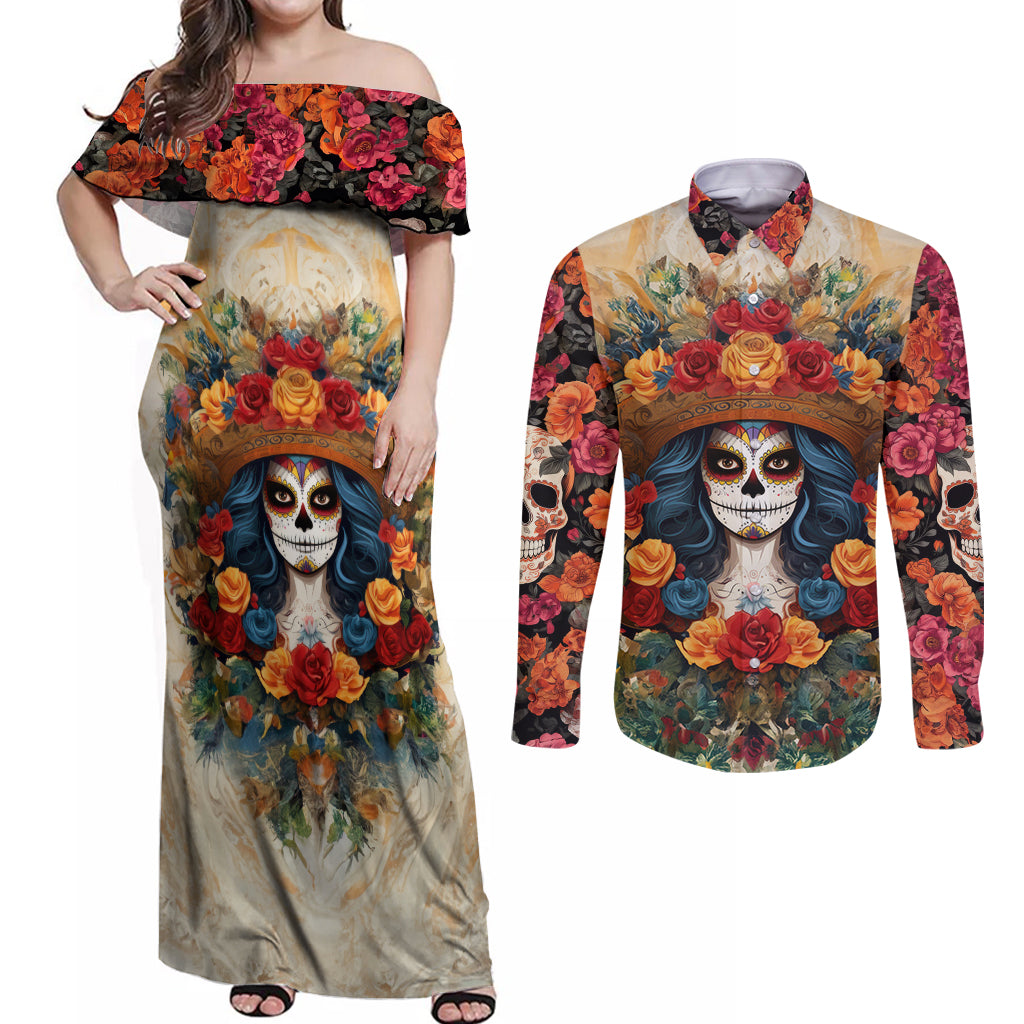 Day of Dead Lady Couples Matching Off Shoulder Maxi Dress and Long Sleeve Button Shirt Sugar Skull Field Rose Lady - Wonder Print Shop