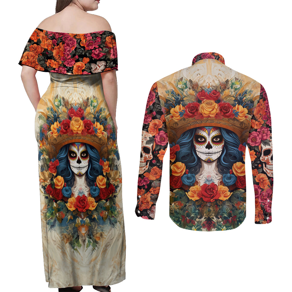 Day of Dead Lady Couples Matching Off Shoulder Maxi Dress and Long Sleeve Button Shirt Sugar Skull Field Rose Lady - Wonder Print Shop