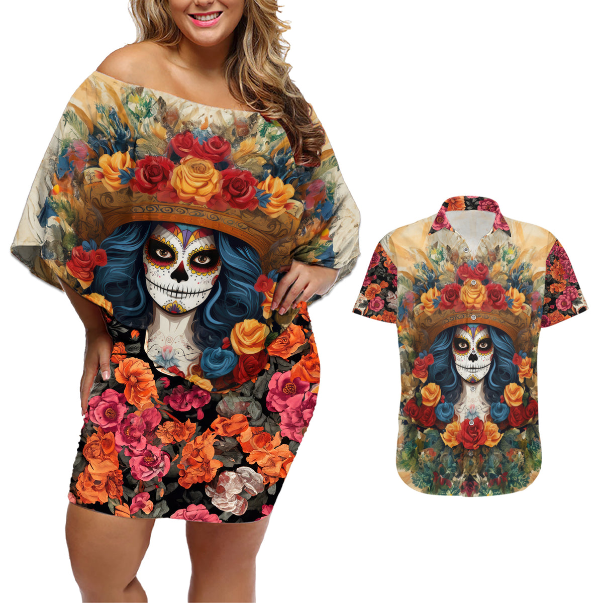 Day of Dead Lady Couples Matching Off Shoulder Short Dress and Hawaiian Shirt Sugar Skull Field Rose Lady - Wonder Print Shop