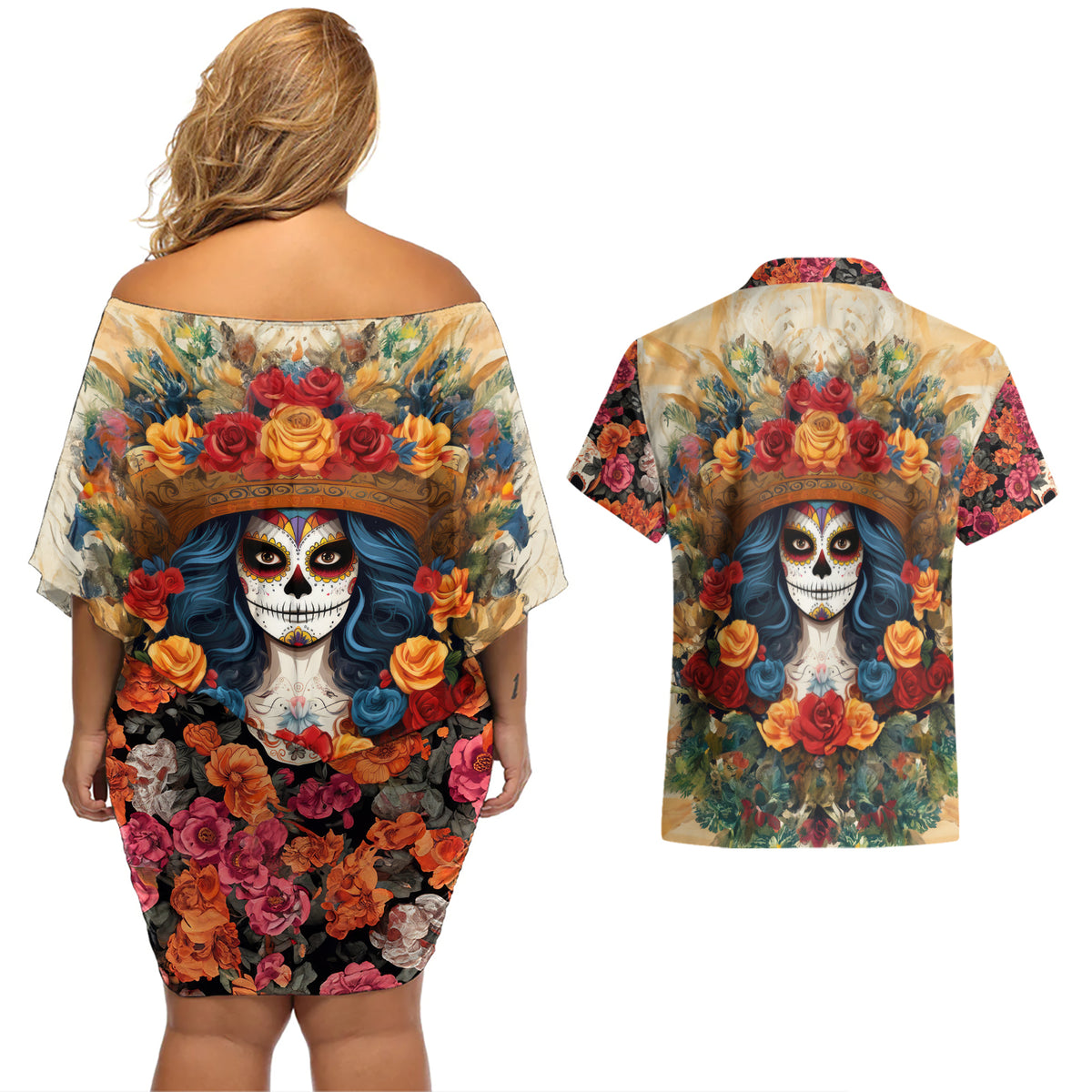 Day of Dead Lady Couples Matching Off Shoulder Short Dress and Hawaiian Shirt Sugar Skull Field Rose Lady - Wonder Print Shop