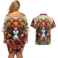 Day of Dead Lady Couples Matching Off Shoulder Short Dress and Hawaiian Shirt Sugar Skull Field Rose Lady - Wonder Print Shop