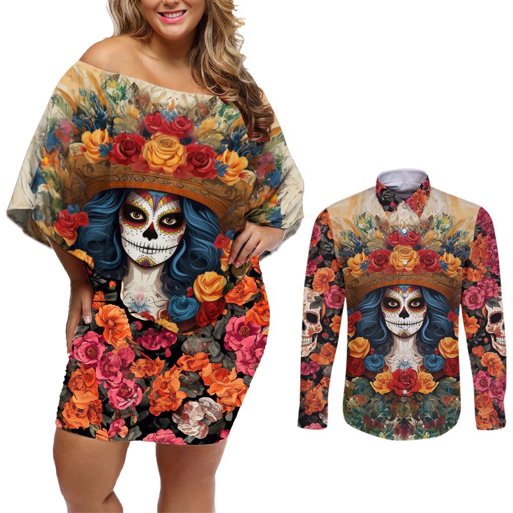 Day of Dead Lady Couples Matching Off Shoulder Short Dress and Long Sleeve Button Shirt Sugar Skull Field Rose Lady - Wonder Print Shop