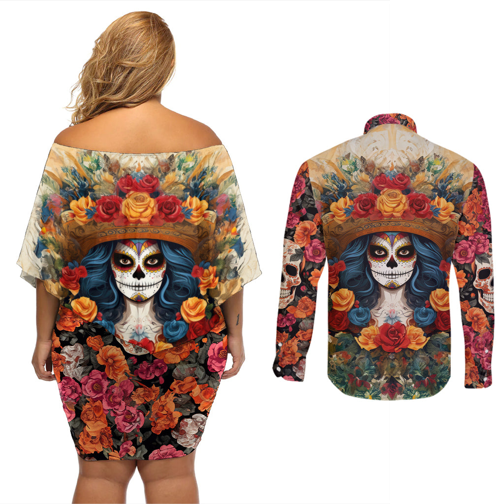 Day of Dead Lady Couples Matching Off Shoulder Short Dress and Long Sleeve Button Shirt Sugar Skull Field Rose Lady - Wonder Print Shop