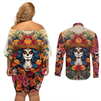 Day of Dead Lady Couples Matching Off Shoulder Short Dress and Long Sleeve Button Shirt Sugar Skull Field Rose Lady - Wonder Print Shop