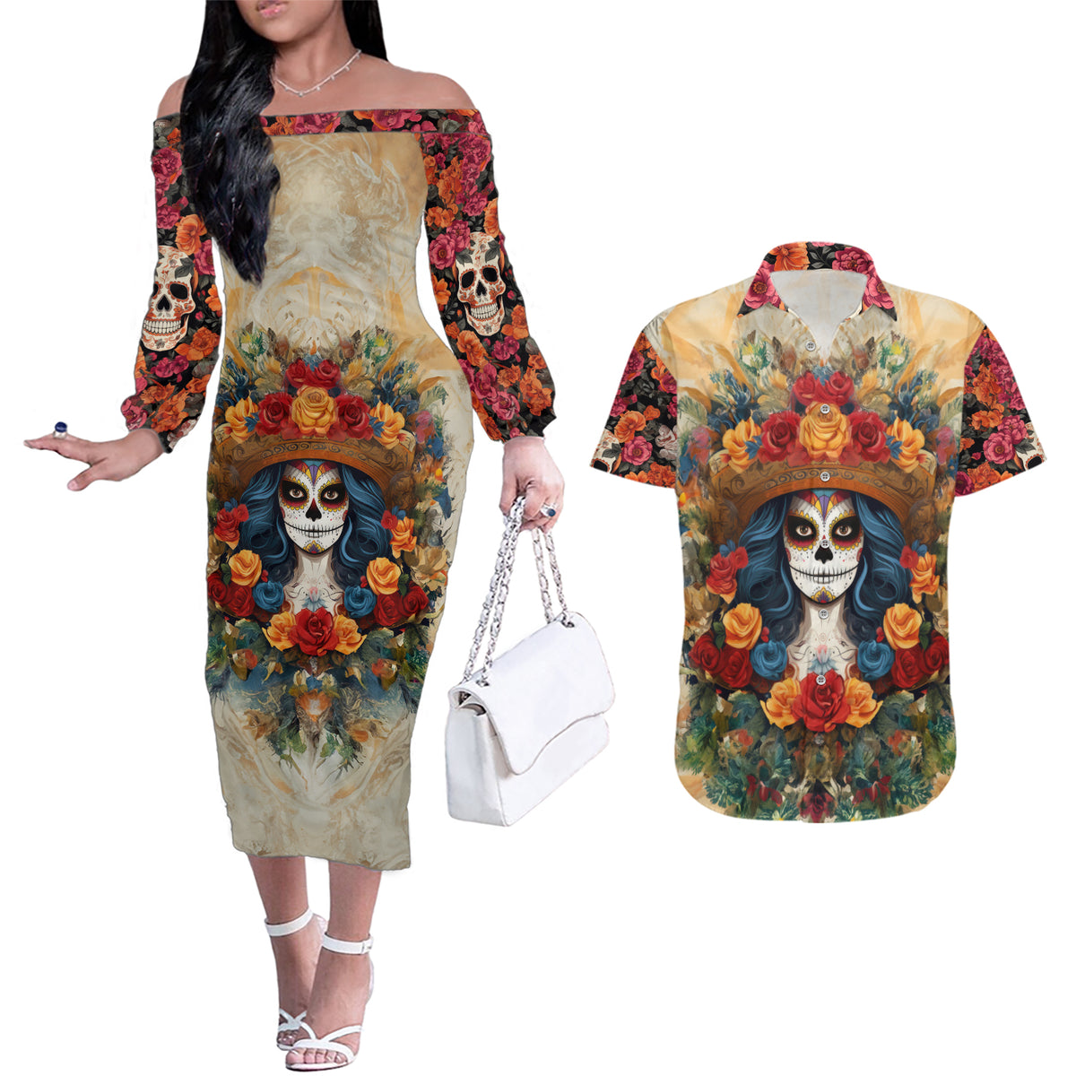 Day of Dead Lady Couples Matching Off The Shoulder Long Sleeve Dress and Hawaiian Shirt Sugar Skull Field Rose Lady - Wonder Print Shop
