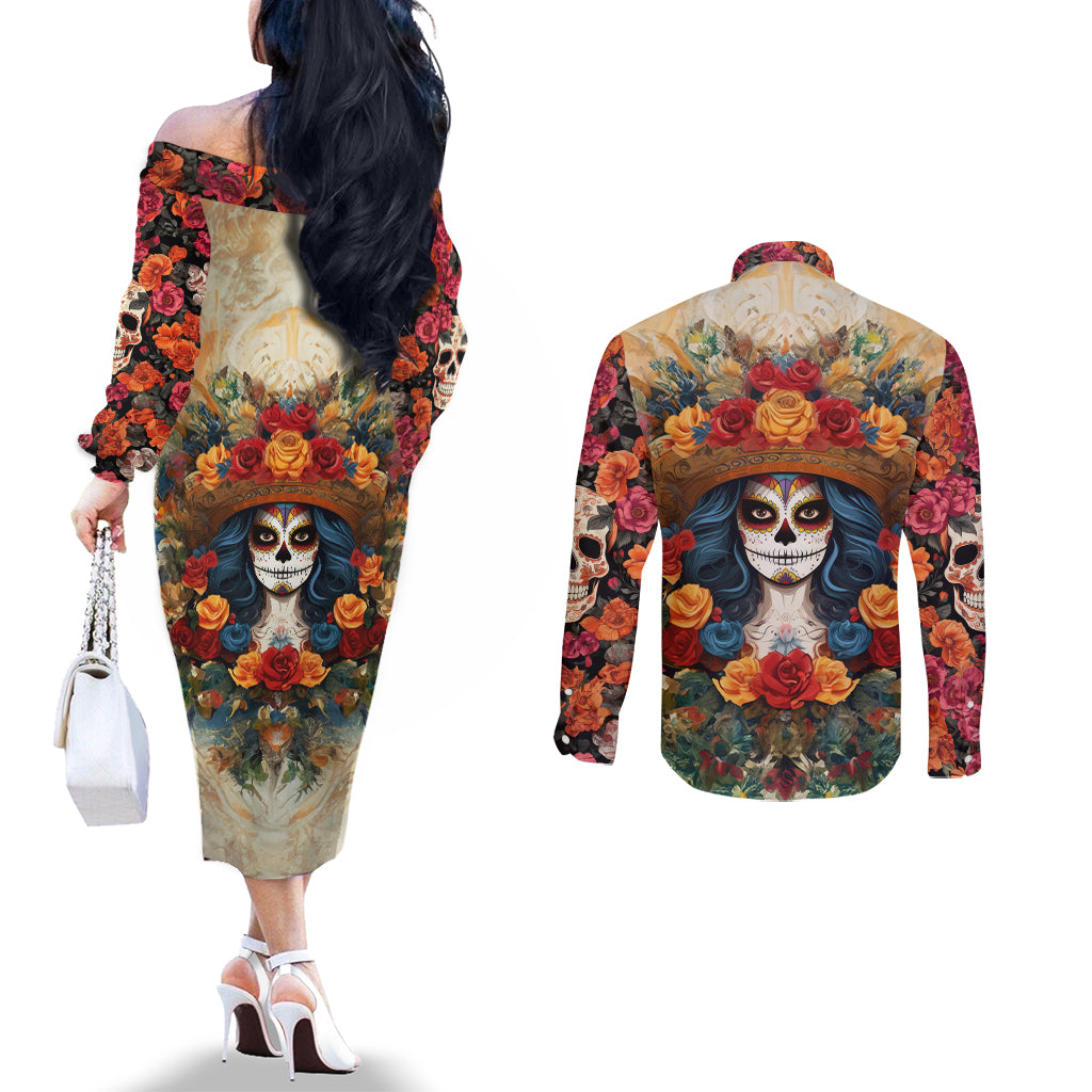 day-of-dead-lady-couples-matching-off-the-shoulder-long-sleeve-dress-and-long-sleeve-button-shirt-sugar-skull-field-rose-lady