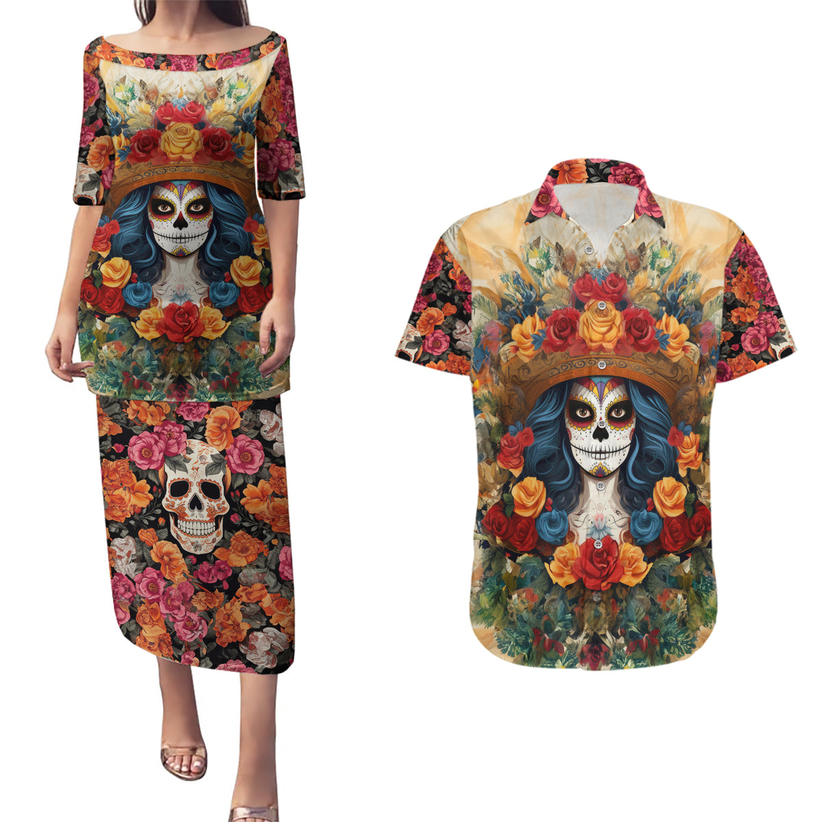 Day of Dead Lady Couples Matching Puletasi Dress and Hawaiian Shirt Sugar Skull Field Rose Lady - Wonder Print Shop