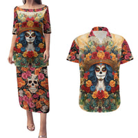 Day of Dead Lady Couples Matching Puletasi Dress and Hawaiian Shirt Sugar Skull Field Rose Lady - Wonder Print Shop