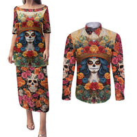 Day of Dead Lady Couples Matching Puletasi Dress and Long Sleeve Button Shirt Sugar Skull Field Rose Lady - Wonder Print Shop