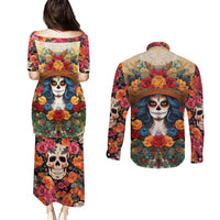 Day of Dead Lady Couples Matching Puletasi Dress and Long Sleeve Button Shirt Sugar Skull Field Rose Lady - Wonder Print Shop
