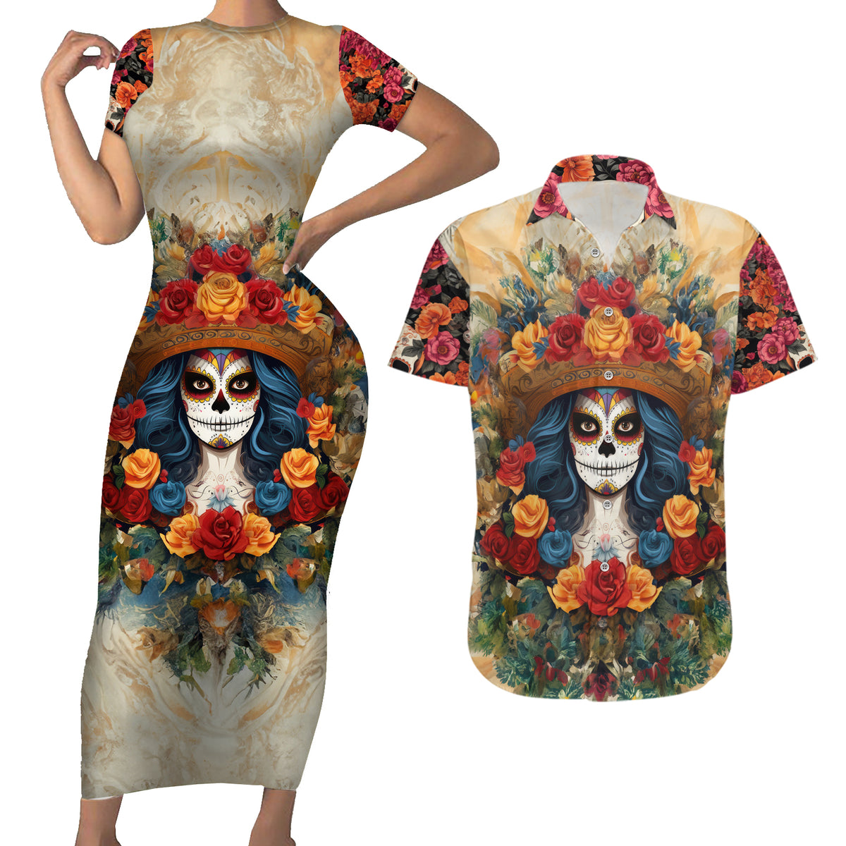 Day of Dead Lady Couples Matching Short Sleeve Bodycon Dress and Hawaiian Shirt Sugar Skull Field Rose Lady - Wonder Print Shop