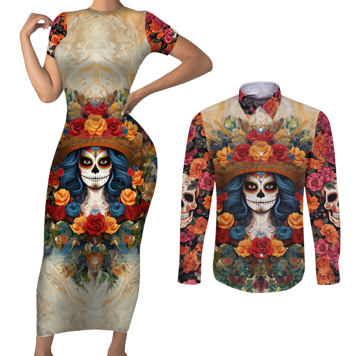 Day of Dead Lady Couples Matching Short Sleeve Bodycon Dress and Long Sleeve Button Shirt Sugar Skull Field Rose Lady - Wonder Print Shop