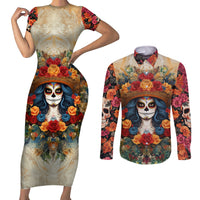 Day of Dead Lady Couples Matching Short Sleeve Bodycon Dress and Long Sleeve Button Shirt Sugar Skull Field Rose Lady - Wonder Print Shop