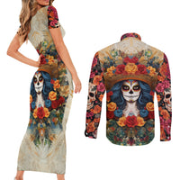 Day of Dead Lady Couples Matching Short Sleeve Bodycon Dress and Long Sleeve Button Shirt Sugar Skull Field Rose Lady - Wonder Print Shop
